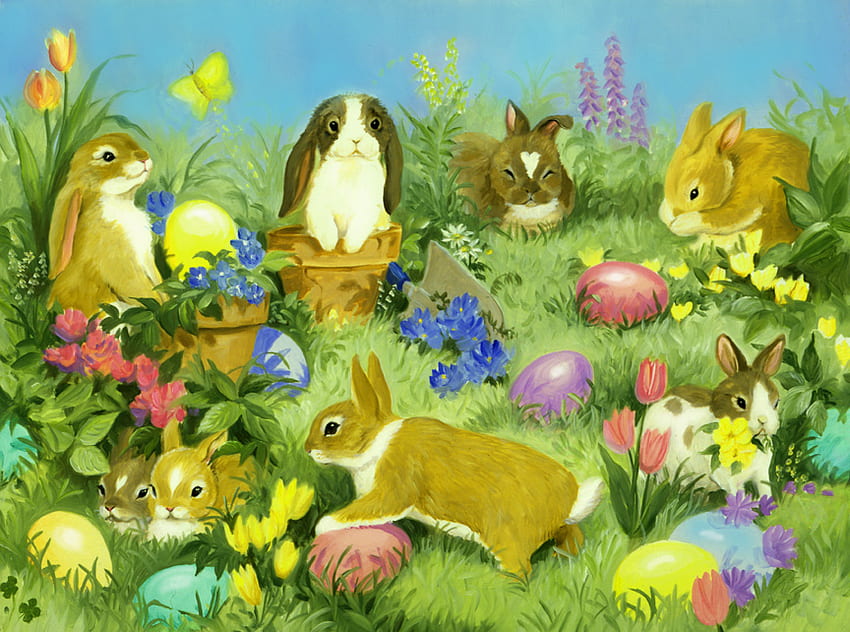 토끼와 계란, 잔디, 부활절, 계란, 축하 HD 월페이퍼