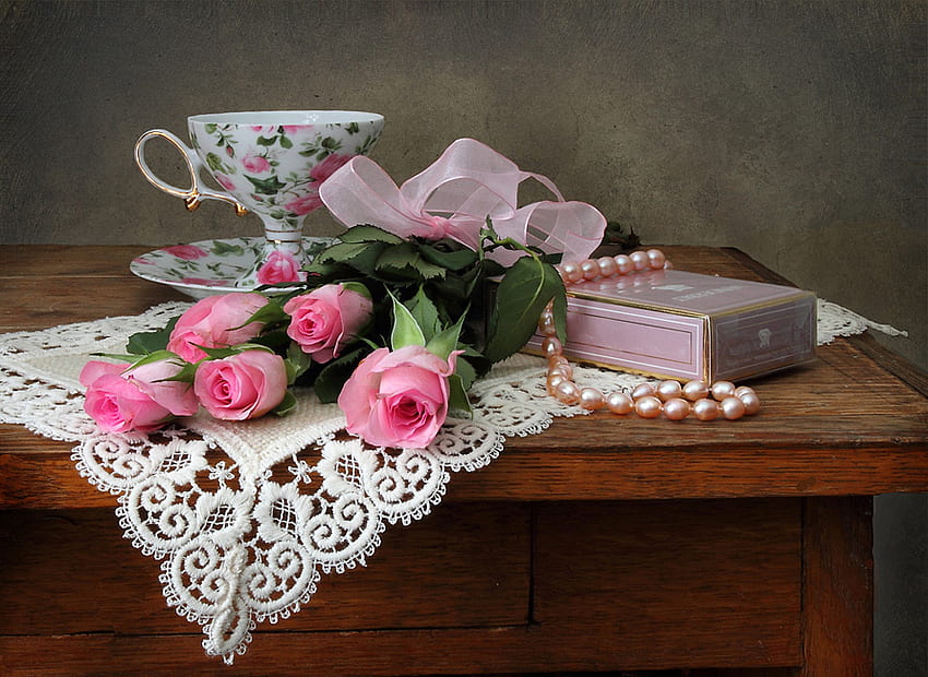 Afternoon tea, bouquet, tea, roses, ribbon, afternoon, nice, still life, pink, book, pretty, pearls, coffee, flowers, lovely HD wallpaper