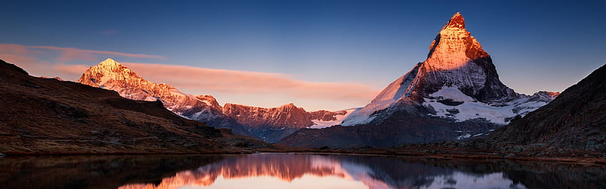 風景 山 夕日 雪 湖 マルチディスプレイ 自然 マッターホルン、山 デュアルスクリーン 高画質の壁紙
