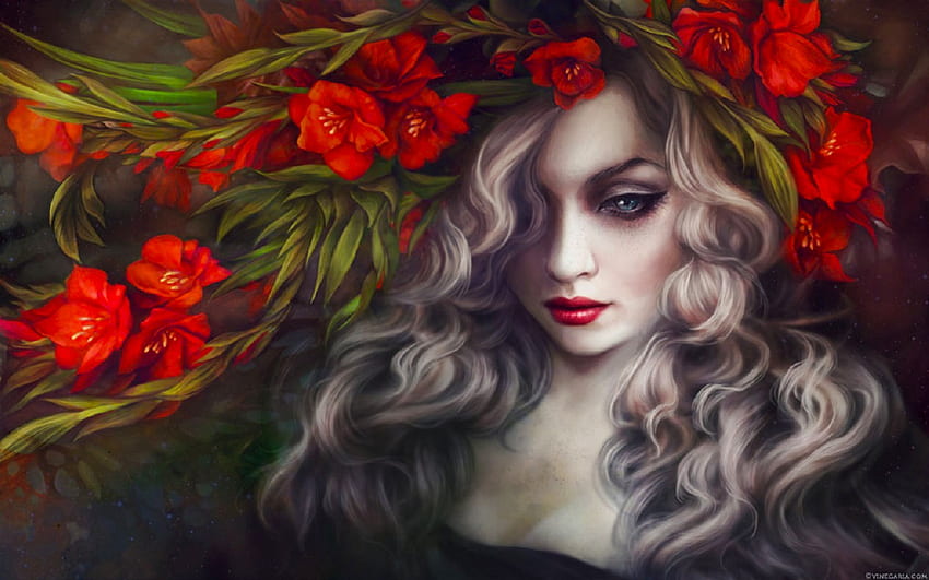 Saccharine, roses, art, red flowers, girl, beautiful, serene, beauty ...