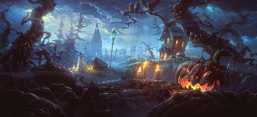 Halloween, night, blue, fantasy, house, pumpkin, orange HD wallpaper
