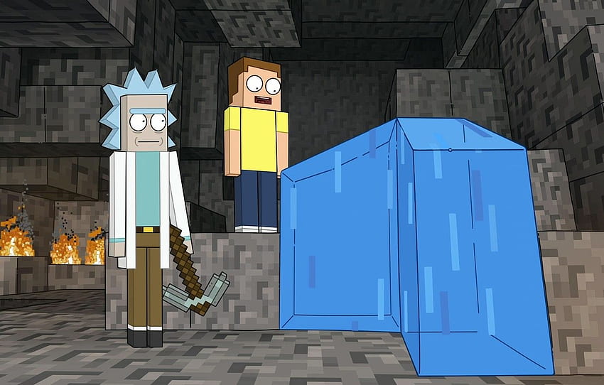Water, Cave, water, Minecraft, cave, Minecraft, Rick and Morty, Rick and Morty, Kirk, pickaxe, cartoon series, The cartoon series, 3s10s, Illustration for , section фильмы HD wallpaper