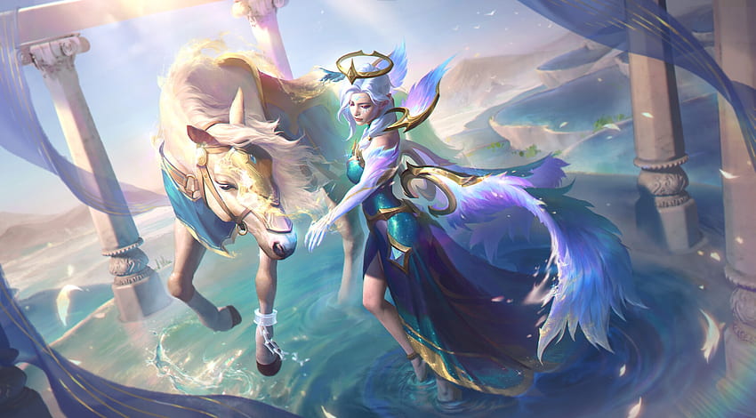 Morgana, yoha xu, white, horse, mirgana, girl, blue, wings, pegasus, fantasy HD wallpaper