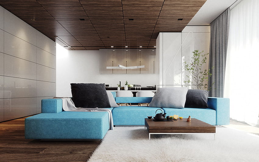 stilvolles Wohnungsdesign, moderner Stil, Wohnzimmerprojekt, modernes Interieur, blaues Sofa, glänzende Paneele an den Wänden, Wohnzimmer HD-Hintergrundbild
