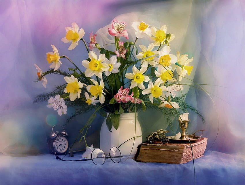 Still life, basket, colorful, book, daffodils, clock, flowers, spring HD wallpaper
