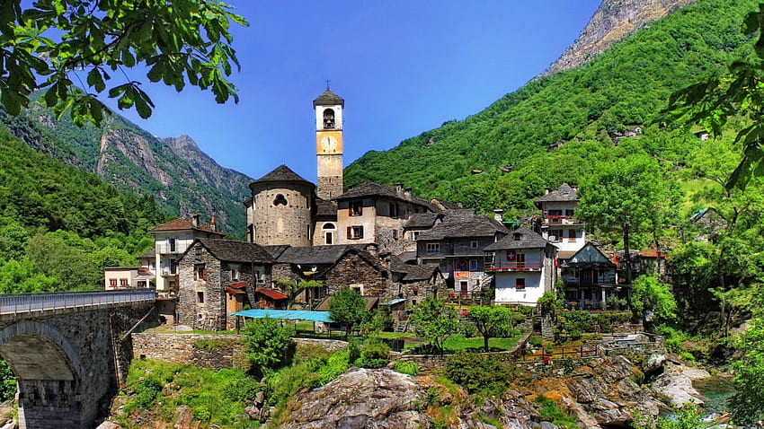 magnifique ville de lavertezzo suisse, rivière, ville, pont, église, montagnes Fond d'écran HD