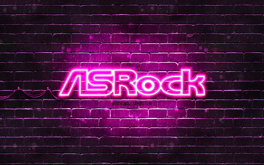 Logo violet ASrock, mur de briques violet, logo ASrock, marques, logo néon ASrock, ASrock Fond d'écran HD