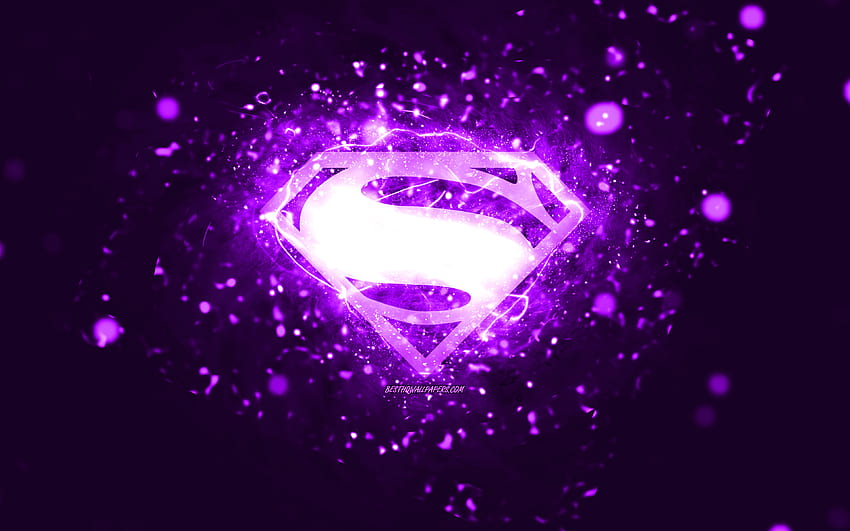 Superman violet logo, , violet neon lights, creative, violet abstract background, Superman logo, superheroes, Superman HD wallpaper