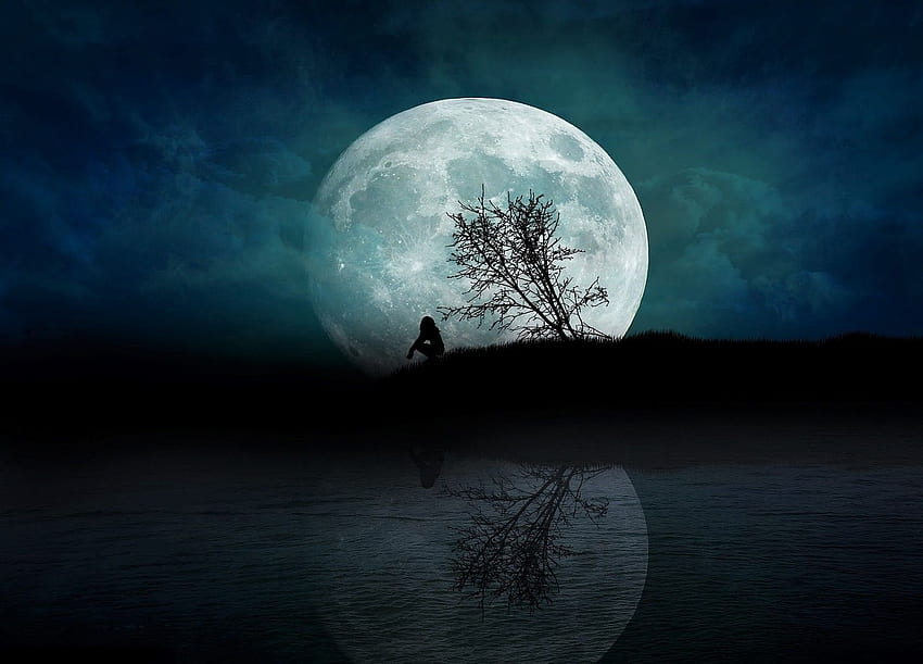 Alone Artistic Fantasy Girl Lonely Moon Night Silhouette ต้นไม้ วอลล์เปเปอร์ HD