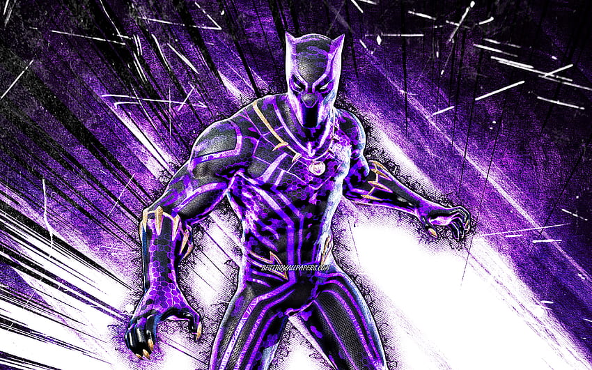 Kinetically Charged Black Panther, grunge art, Fortnite Battle Royale, Fortnite characters, Kinetically Charged Black Panther Skin, violet abstract rays, Fortnite, Kinetically Charged Black Panther Fortnite HD wallpaper