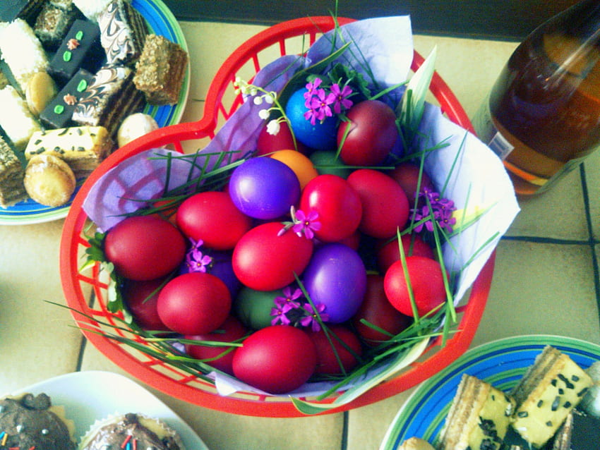 Paskalya yumurtaları, renkler, an, paskalya, çiçekler, yumurtalar HD duvar kağıdı