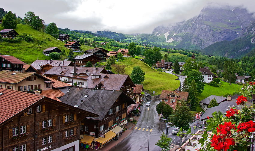 スイス山脈の村。 背景, スイスの村 高画質の壁紙