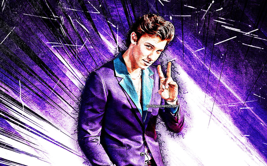 Shawn Mendes, arte grunge, cantor canadense, estrelas da música, raios abstratos violetas, Shawn Peter Raul Mendes, arte dos fãs, Shawn Mendes for com resolução . Alta qualidade papel de parede HD