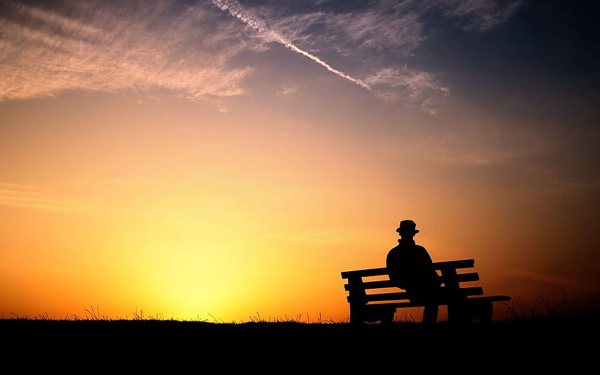 Zachód słońca, ciemny, człowiek, osoba, samotność, ławka Tapeta HD