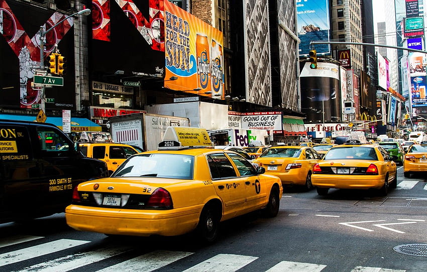 USA, United States, New York, Manhattan, street, Yellow, screen, America, Taxi, United States Of America, screens, billboards, ads, billboard, Taxis, big apple for , section город HD wallpaper