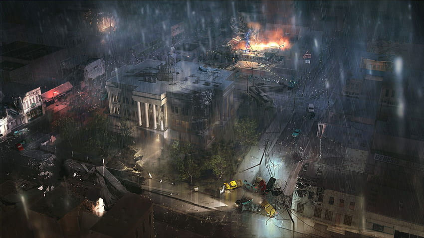 Ruinen, Straßen, Nacht, Regen, Autos, Feuer, Apokalypse, Fahrzeuge, Tokio der Zukunft HD-Hintergrundbild