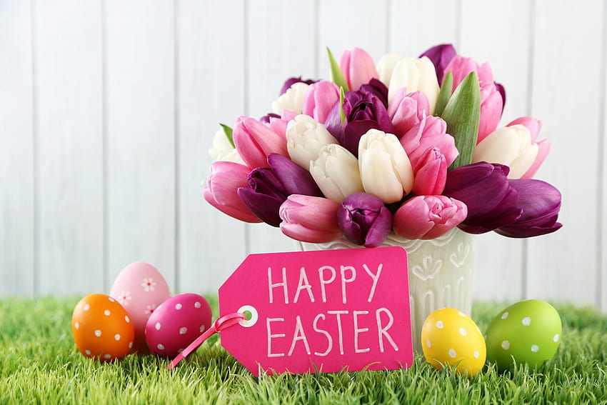 Happy Easter, Easter, ribbon, vase, grass, tulips, eggs, Easter eggs, Holiday, fence, Spring HD wallpaper