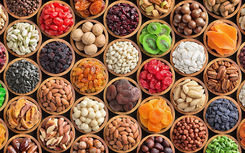 different nuts, seeds, plates with different nuts, variety of nuts, hazelnuts, walnuts, nuts concepts HD wallpaper