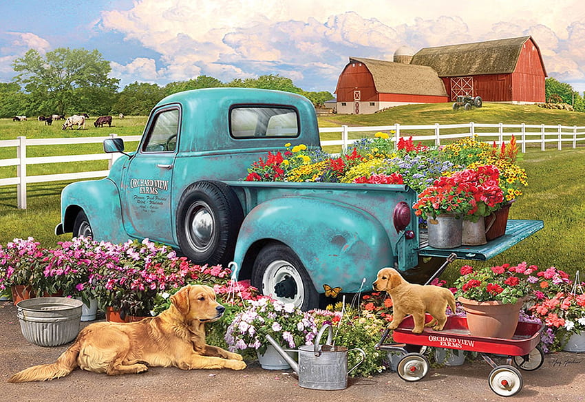フラワー トラック、子犬、納屋、絵画、車、フェンス、木、犬、花 高画質の壁紙