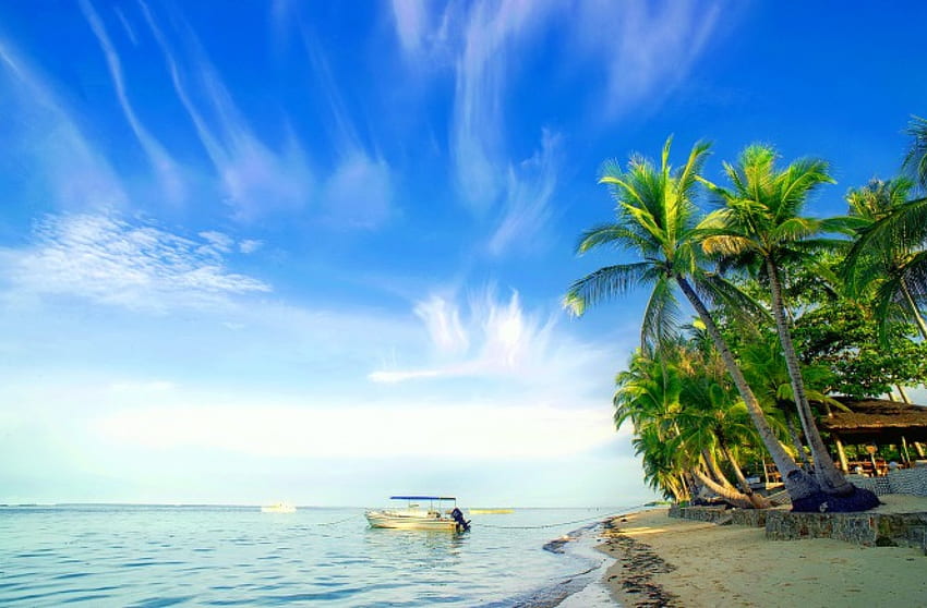 Descanso tropical, isla, barco, arena, tropical, relax, vacaciones, playa, horizontes, océano, palmeras, mar, trópico, paraíso, hermoso, verano, descanso, brisa, cielo, encantador fondo de pantalla