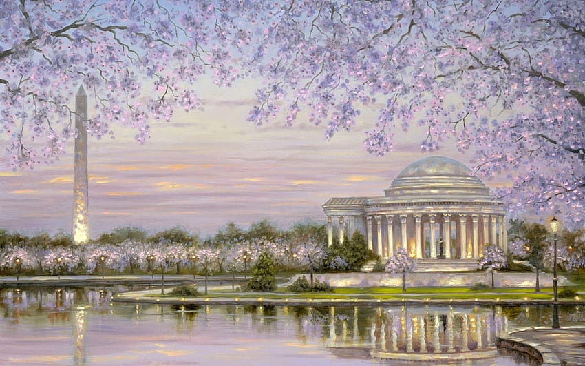 モニュメント: オベリスク ジェファーソン記念館 ワシントン DC ロバート フィナーレ、ワシントン DC 桜 高画質の壁紙