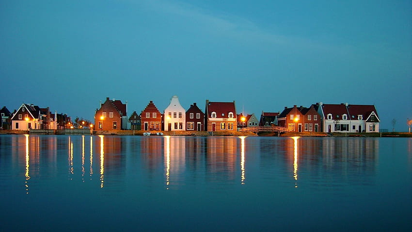 Häuser am Wasser, Meer, Architektur, Reflexion, Grafik, Wasser, Ozean HD-Hintergrundbild