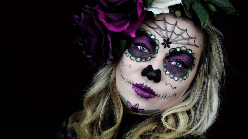:), pink, model, sugar skull, face, girl, woman, makeup, halloween, rose, dia de los muertos HD wallpaper