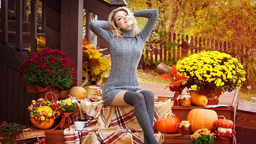 Beautiful with pumpkins, pumpkins, cute, blonde, pretty HD wallpaper