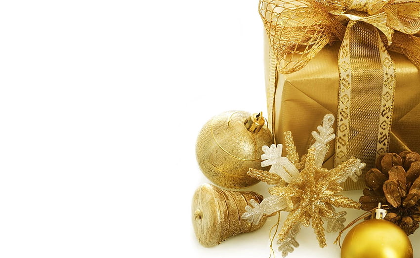 วันหยุด ทอง วันหยุด ปัจจุบัน ของขวัญ ของตกแต่งวันคริสต์มาส ของเล่นต้นคริสต์มาส กรวย กระแทก เกล็ดหิมะ วอลล์เปเปอร์ HD