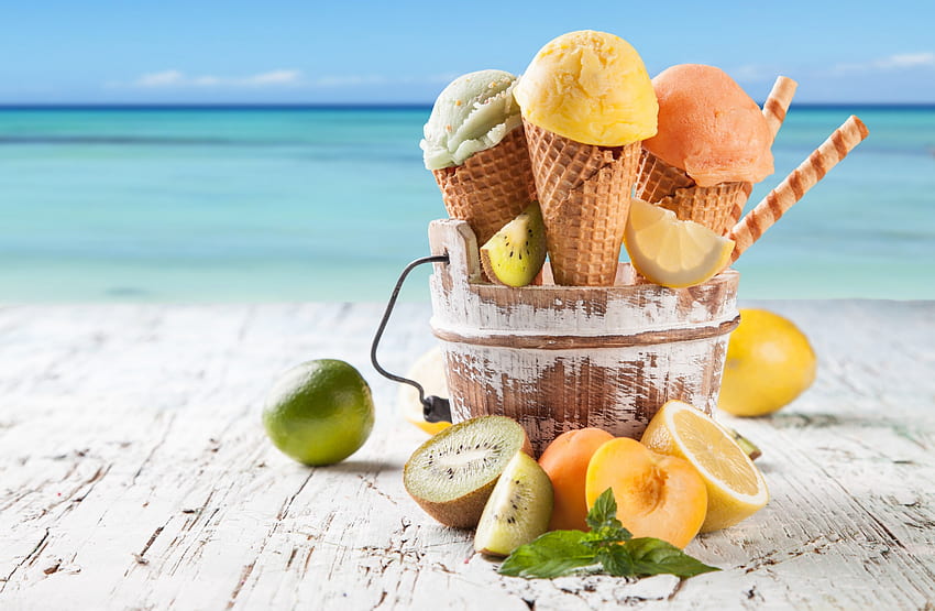 アイスクリーム、海、夏、果物、ビーチ 高画質の壁紙