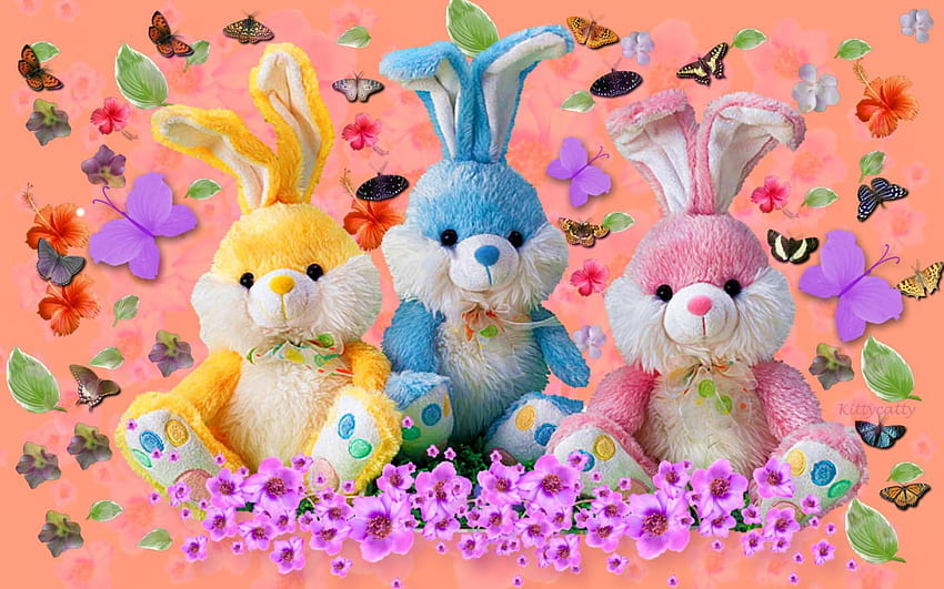 Плюшени зайчета, Зайчета, играчка, плюшени, деца, зайци, деца, пеперуди, Плюшени, розови, цветя HD тапет