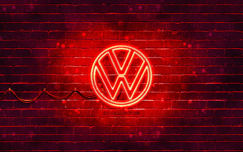 Logo rosso Volkswagen, muro di mattoni rosso, nuovo logo Volkswagen, marchi automobilistici, logo VW, logo neon Volkswagen, logo Volkswagen 2021, logo Volkswagen, Volkswagen Sfondo HD