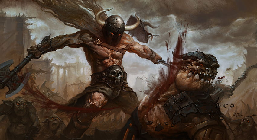 Batalla Guerrero Monstruo Hachas de batalla Sangre Fantasía, Antiguos guerreros fondo de pantalla