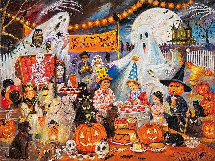 Ghosts Welcome, artwork, pumpkins, halloween, witches, painting HD wallpaper