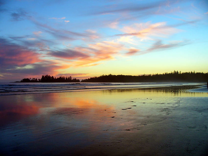 ลองบีช เกาะแวนคูเวอร์ BC ทะเล เกาะ ลองบีช สะท้อน ธรรมชาติ พระอาทิตย์ตก มหาสมุทร ชายหาด วอลล์เปเปอร์ HD