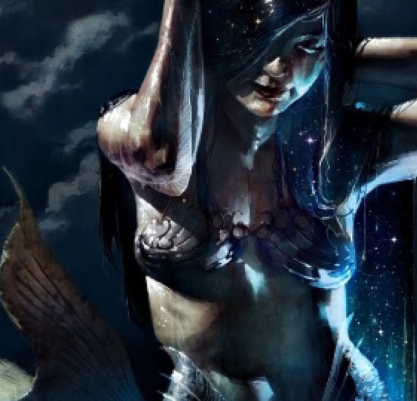 Mermaid, blue, dream of eternity, art, little mermaid, girl, tail, dark, woman, fantasy, pierre droal HD wallpaper