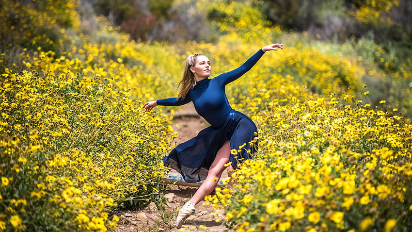 Girl Model Is Posing For A Wearing Blue Dress Standing In Yellow Flowers Field Girls HD wallpaper