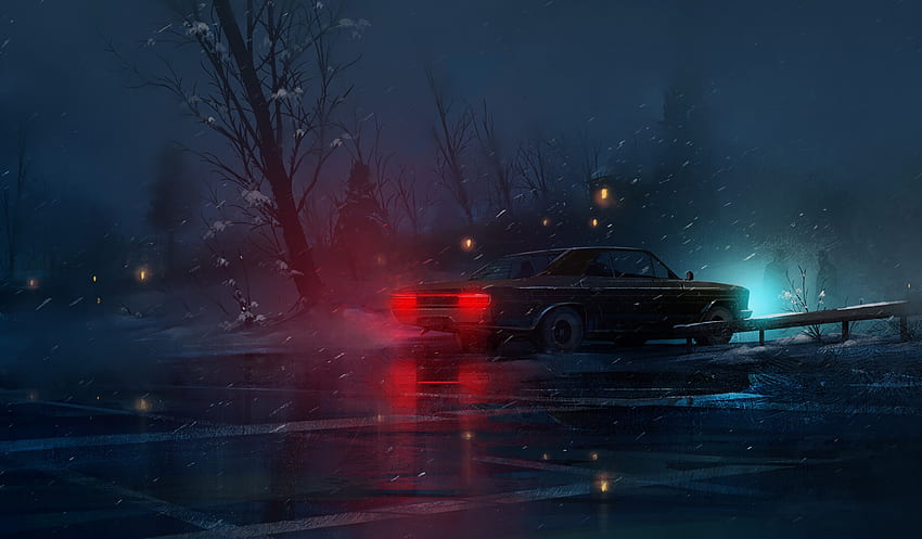 Sztuka, noc, śnieg, połysk, światło, samochód, maszyna Tapeta HD