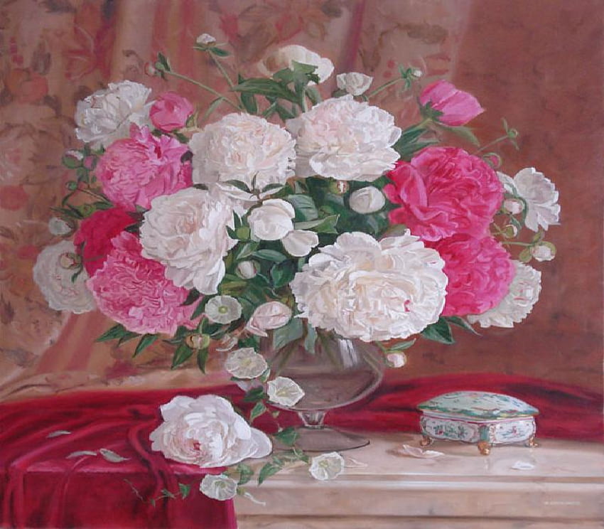 Peonies, table, white, marble, vase, pink, painting, red, glass, flowers, cloth, fushia HD wallpaper