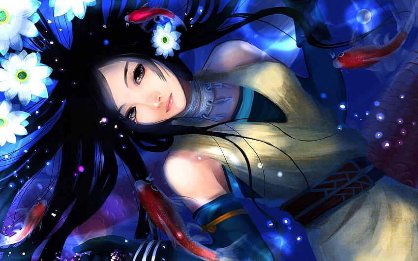 water, flowers, RPG, long hair, Chinese, lying down, anime, anime, Cool Anima Chinese HD wallpaper