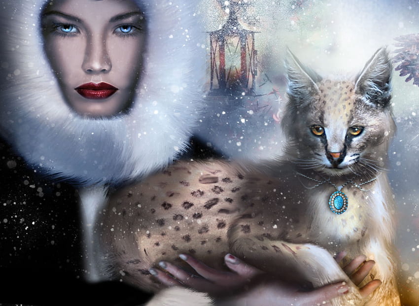 Hiver Fantasique, winter, cat, lady, fantasy HD wallpaper