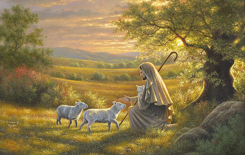 The Good Shepherd, abraham hunter, painting, art, pictura, sheep, jesus christ, lamb HD wallpaper