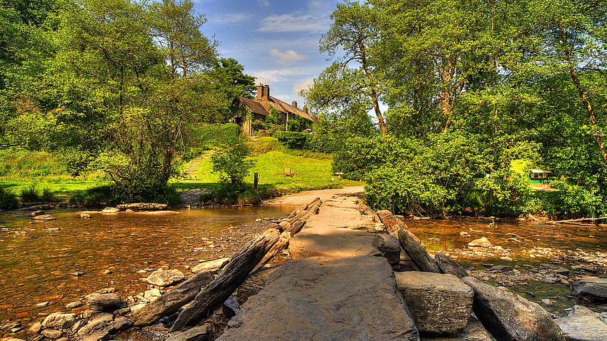 tarr steps a bridge on the river barle england, river, lawn, house, trees, bridge, stones HD wallpaper