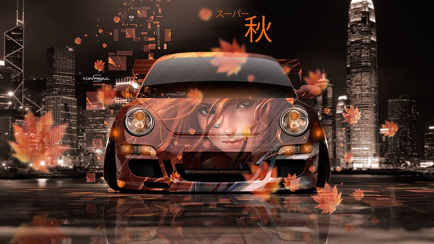 PORSCHE 911 DEPAN SUPER AUTUMN GIRL DAUN EFEK NEON JAPANESE HIEROGLYPH NIGHT CITY ART CAR 2019 Wallpaper HD