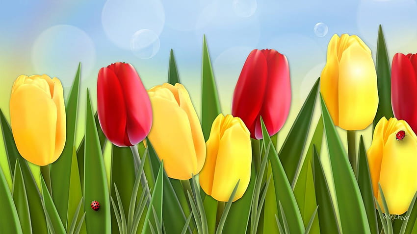 Ted Leaves Flowers Yellow Cheerful Tulips Spring Sky - Cheerful HD wallpaper
