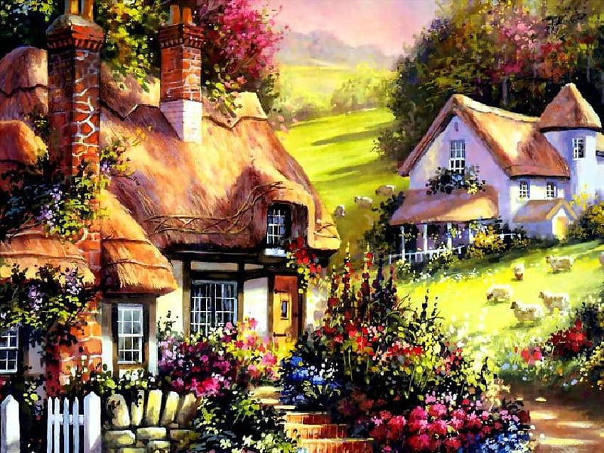 Village de campagne, collines, fenêtres, art, palissade, toits, cheminées, marches, herbe, peinture, chalets, moutons, arbres, fleurs, ciel Fond d'écran HD