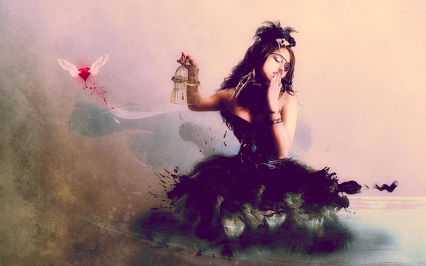 Gothic girl, Cage, Girl, Dark, Dress, Heart, Wings, Gothic HD wallpaper