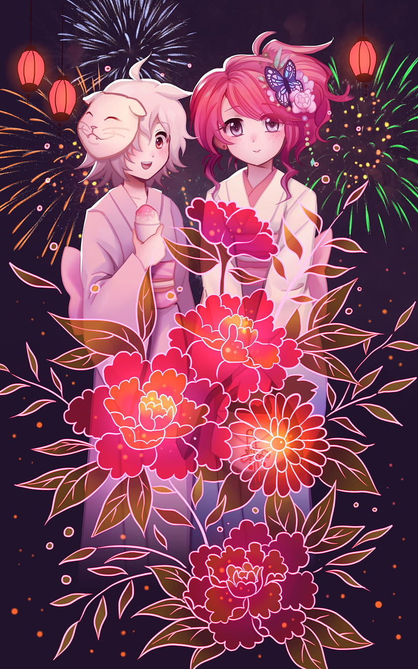 girls, flowers, fireworks, anime, art HD phone wallpaper