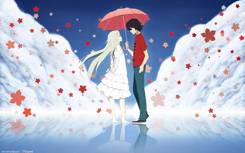 Menma , menma, jinta, gadis anime, anime, umberlla, cinta, awan, bunga, langit, refleksi Wallpaper HD