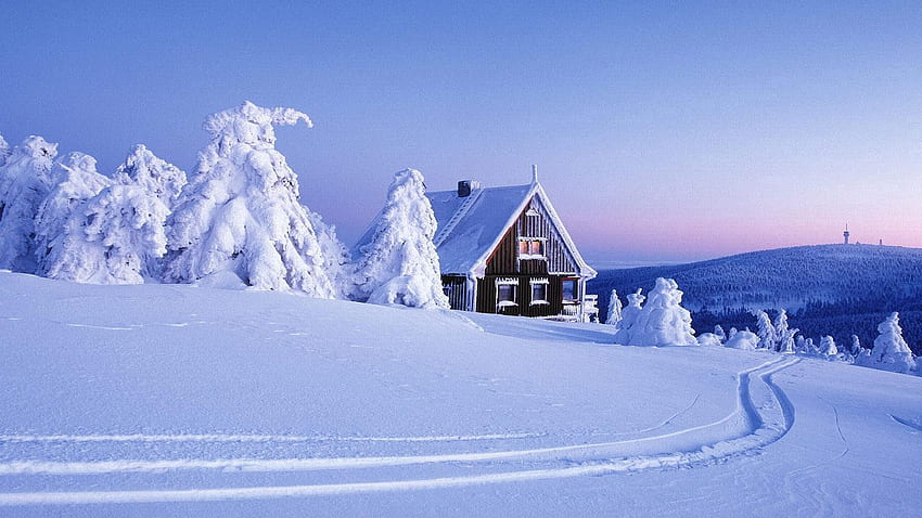Зима, природа, планини, сняг, малка къща, хижа, преспи, следи, яде, покритие, тежест, тежест HD тапет